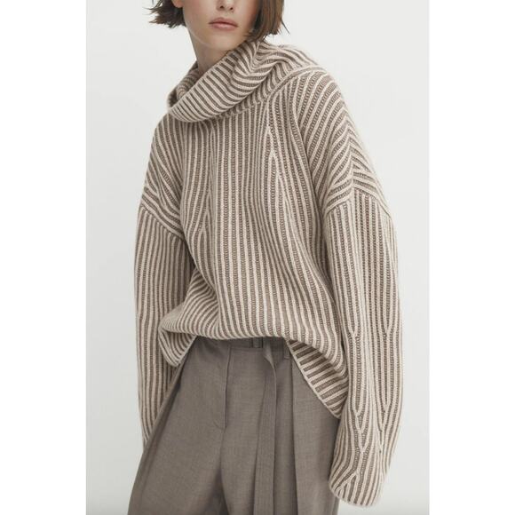 Massimo Dutti High Neck Knit Sweater With Contrast Thread - S Mole Brown - Picture 1 of 3